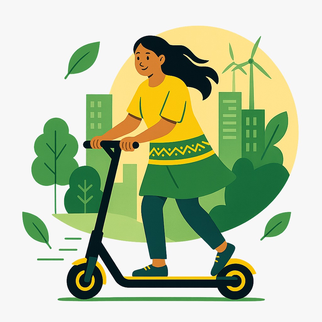 Woman riding a sustainable electric kick scooter in the city